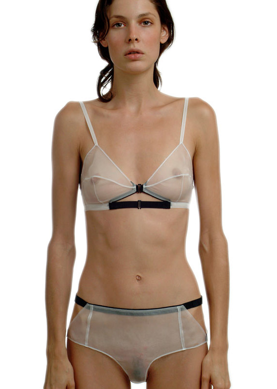 model in sheer tan bra and panties