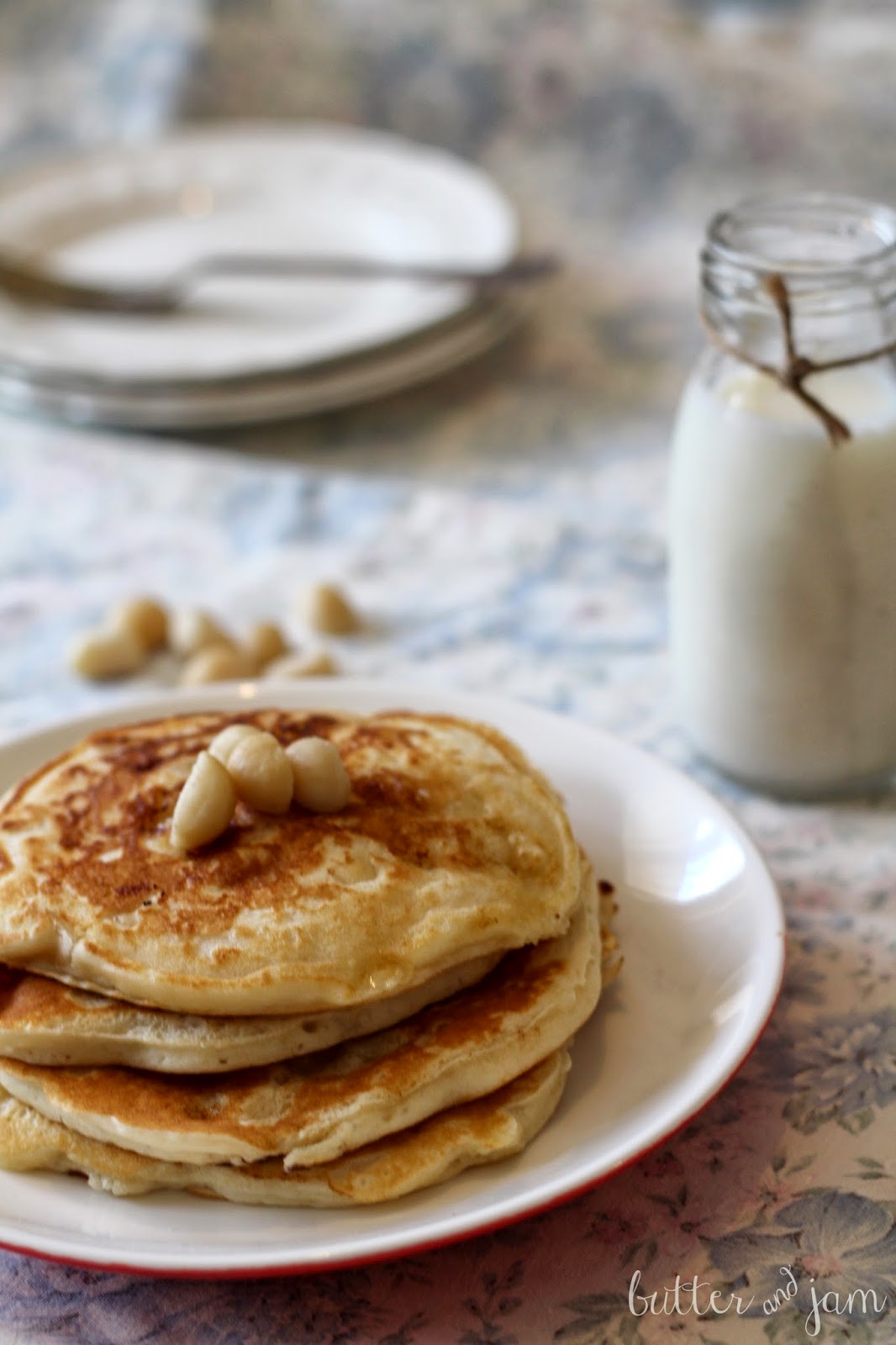 butter & jam white chocolate & macadamia pancakes