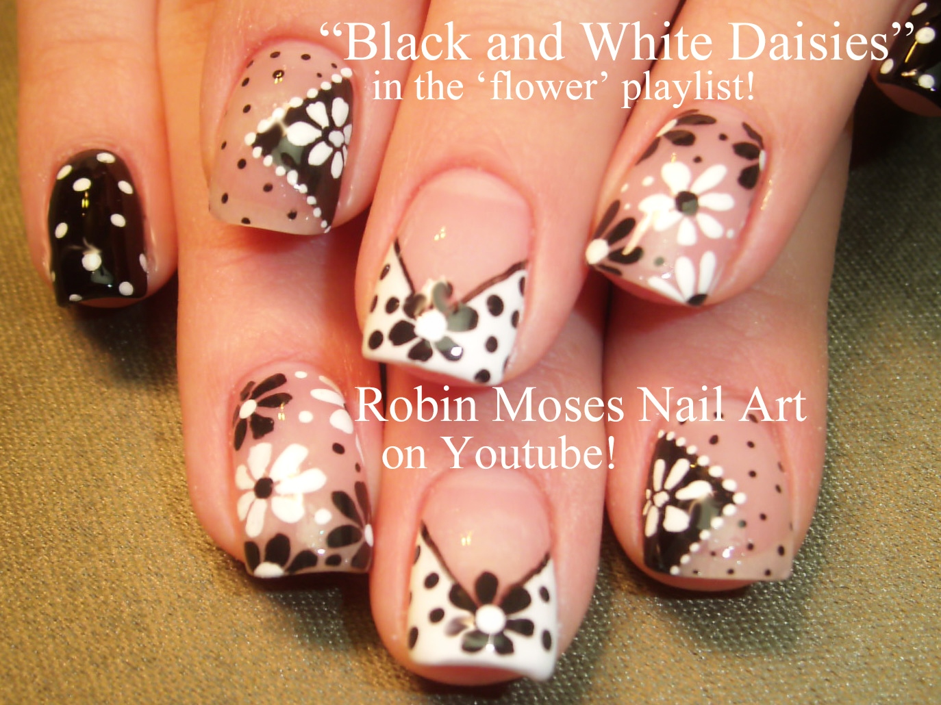 Robin Moses Nail Art Black and White Daisies on a Diagonal Chevron Tip