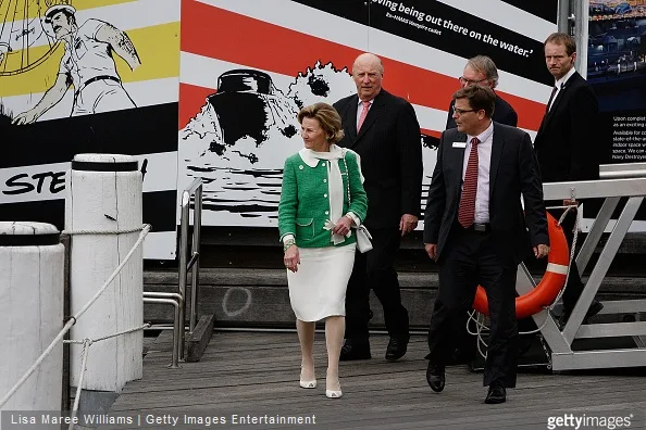 King Harald V and Queen Sonja of Norway visits the 'Kathleen Gillett Ketch' with director Kevin Sumption and chairman Peter Dexter at the Australian National Maritime Museum