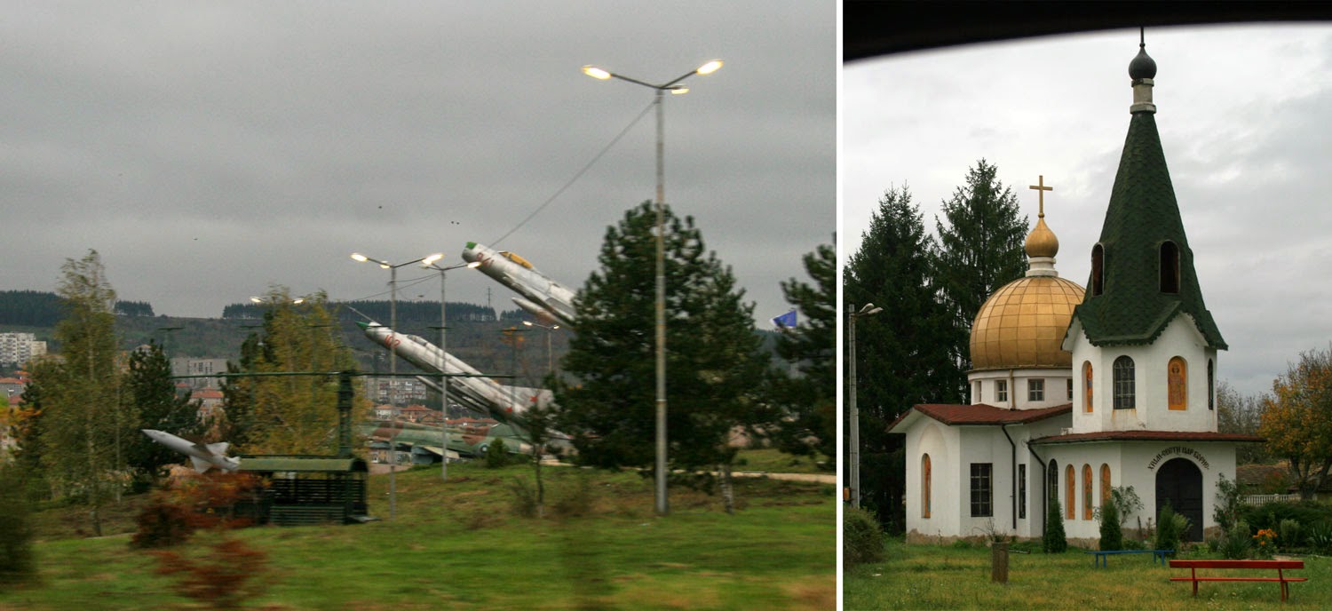 Old planes mounted for display and a pretty church Old planes mounted for display and a pretty church