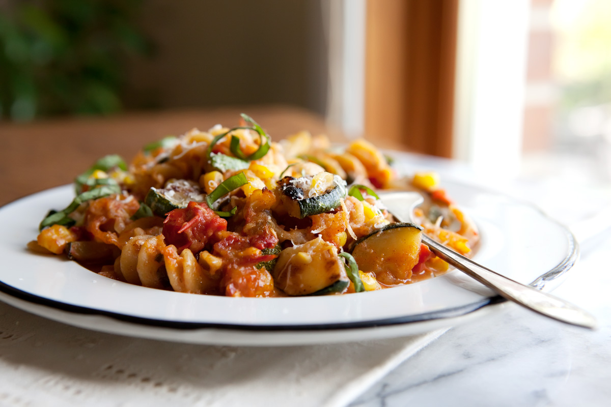 The Flour Sack Baked Pasta with Zucchini, Corn, Tomatoes, and Basil