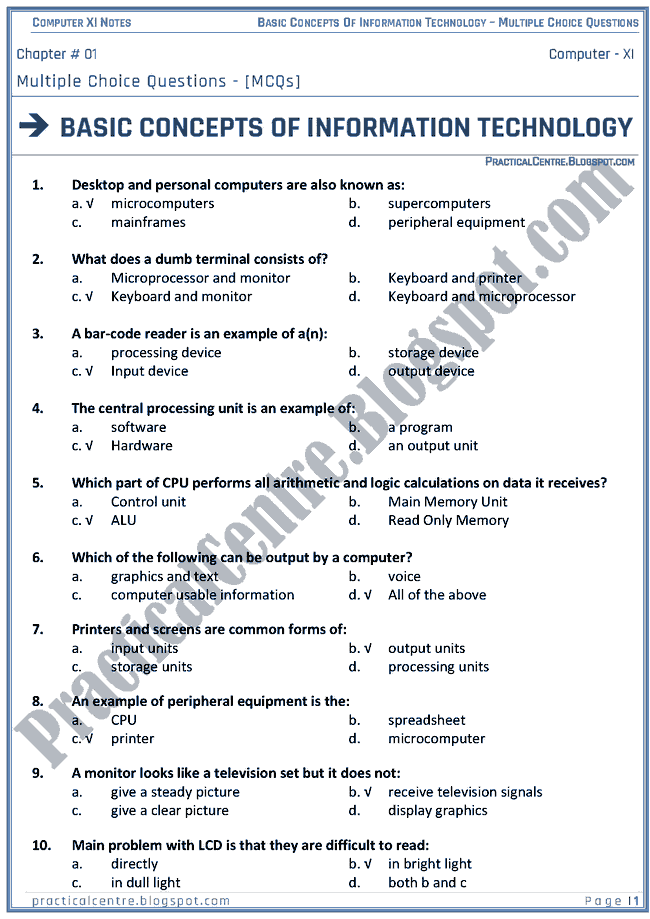 Basic Concepts Of Information Technology - MCQs - Computer XI