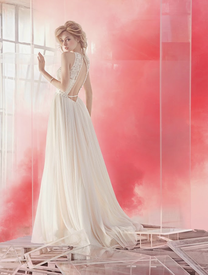 HARLEY PAIGE WEDDING DRESSES SPRING 2015 BY JLM COUTURE A-line “wedding dresses”, halter illusion neckline with lace applique and sweetheart lining, studded trim detail throughout bodice and accenting the keyhole back