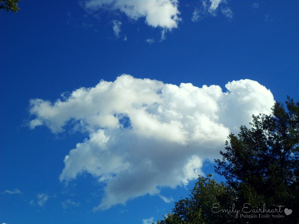Clouds that look like penguins dancing together.