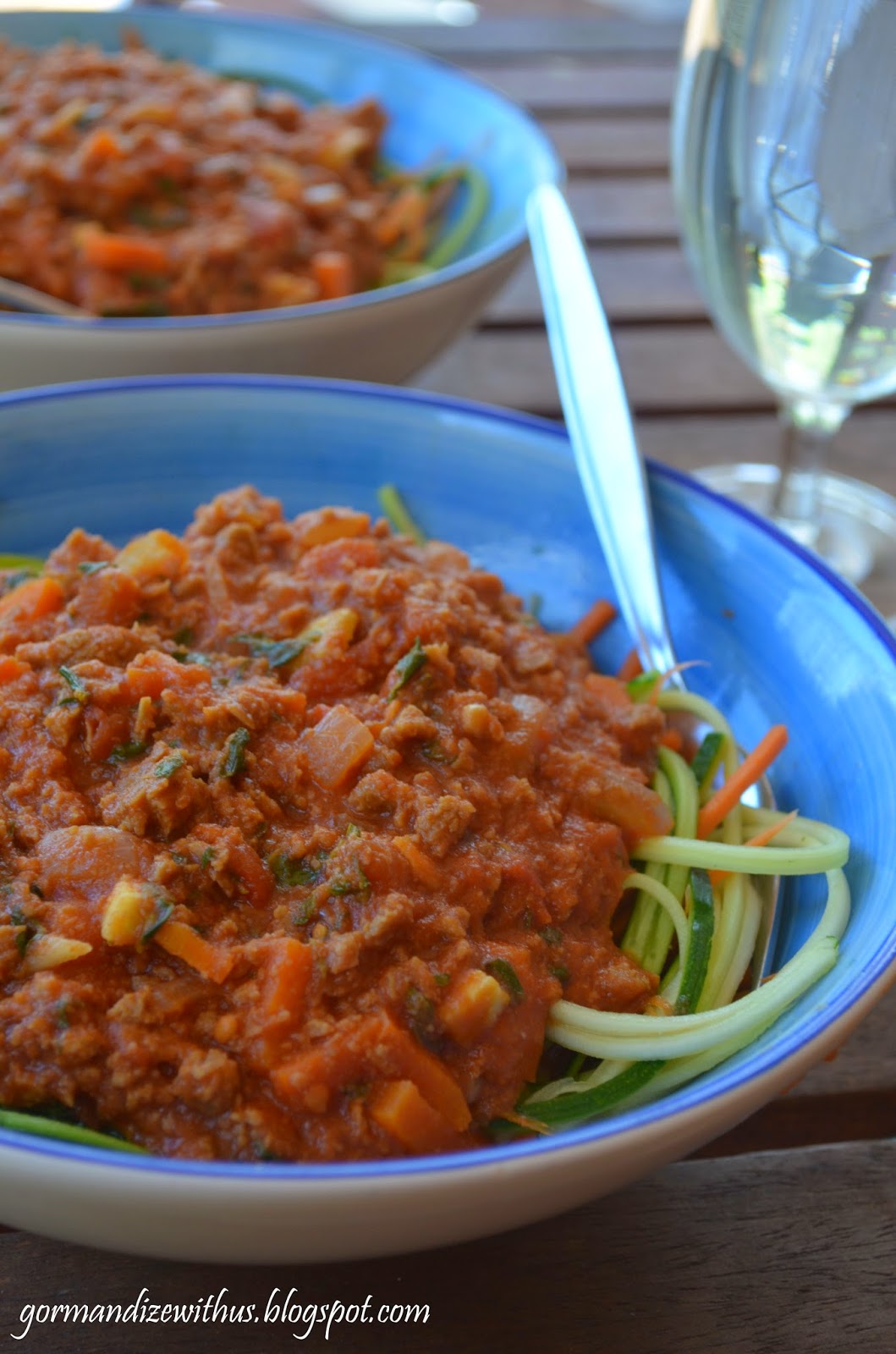 Gormandize Vegan Nutmeat Bolognese with Zucchini and Carrot Spaghetti