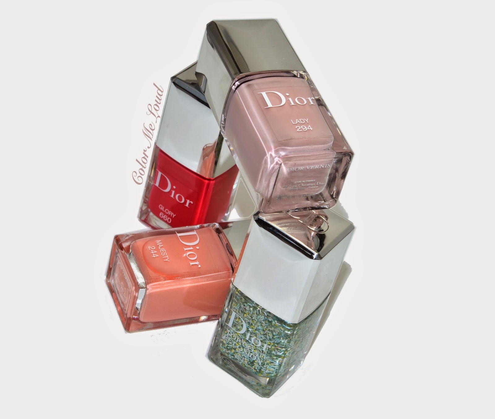 Dior Vernis #294 Lady, #244 Majesty, #660 Glory and Eclosion Top Coat Swatches & Comparison, Spring 2015 Kingdom of Colors Collection