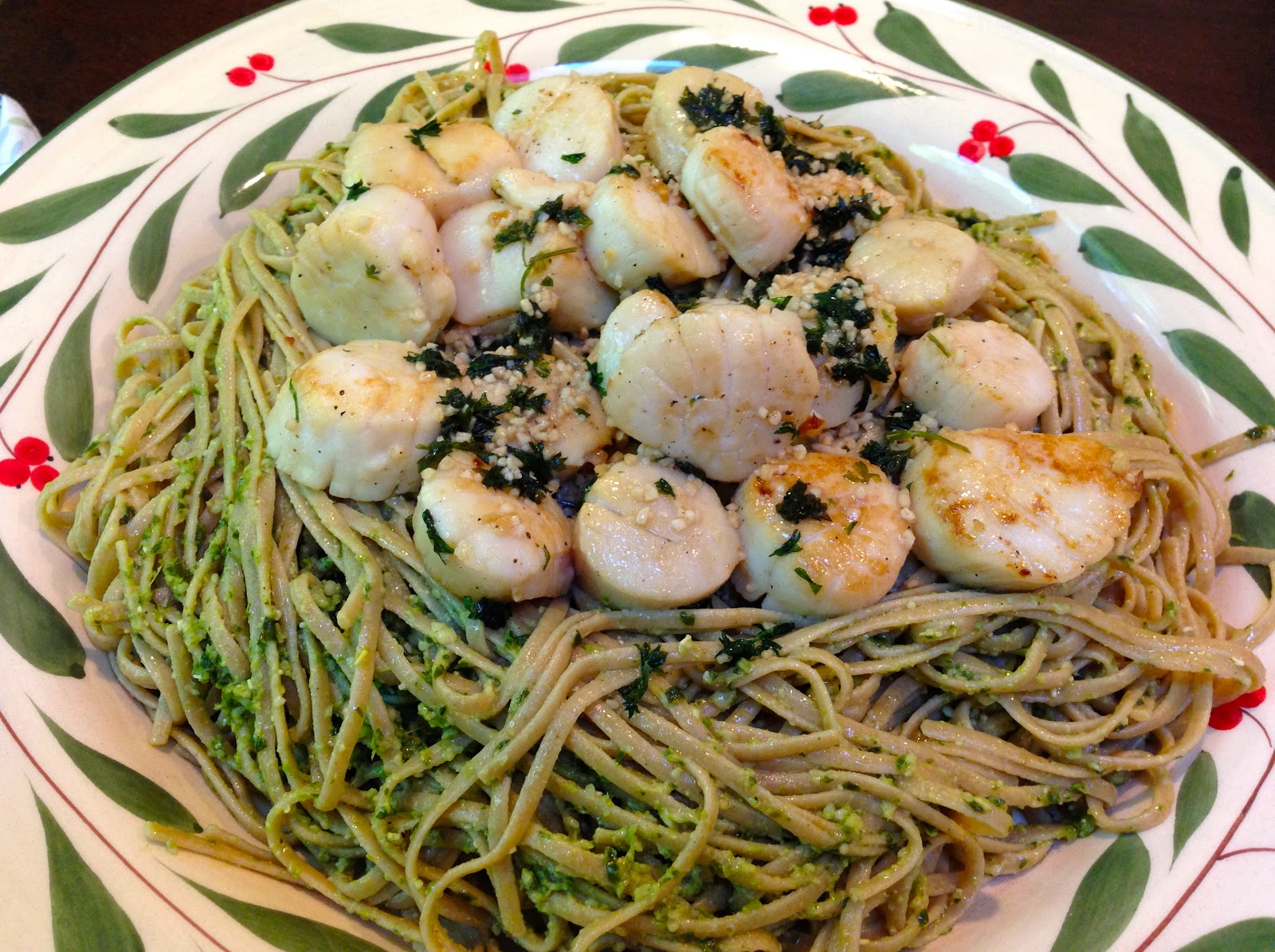 It's all good. Scallops with Pesto and Pasta (or spaghetti squash for me)