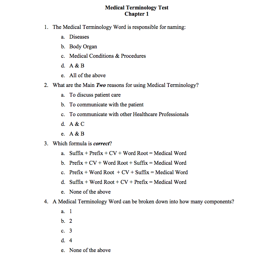 Chapter 1 Exam Review Medical Terminology