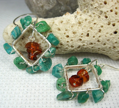 Wire Wrapped Square Earrings Russian Amazonite and Amber Earrings