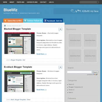 BlueWiz blogger template. free blogspot template blue background