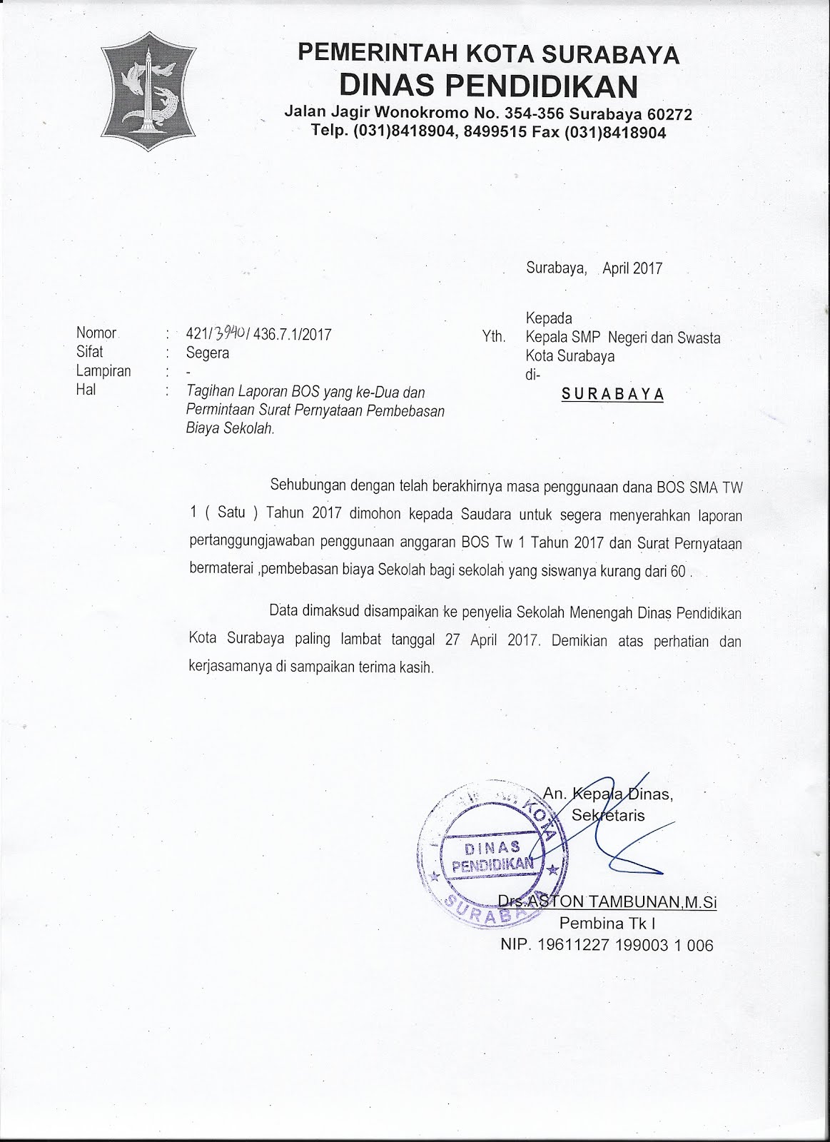 . Tagihan Laporan BOS yang ke Dua dan Permintaan Surat . Tagihan Laporan BOS yang ke Dua dan Permintaan Surat