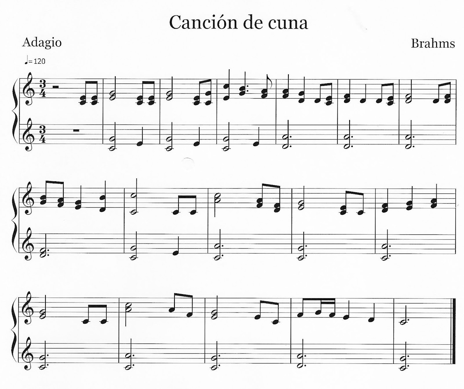 "Canción de cuna" de Brahms. Partitura para instrumentos de aula
