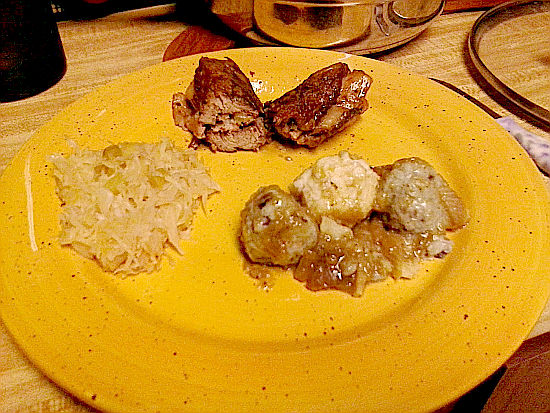 Yellow Plate with German Stuffed Beef, Potato Dumplings and Sauerkraut