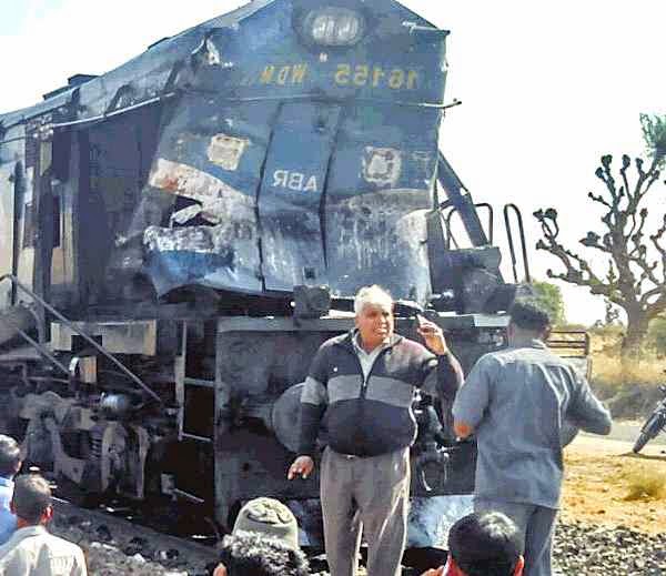 damaged train engine after accident with crane near jodhpur damaged train engine after accident with crane near jodhpur