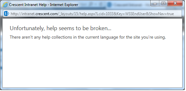 Unfortunately, help seems to be broken... There aren't any help collections in the current language for the site you're using.