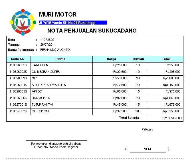 Contoh Nota Pembelian Furniture Daftar Contoh K