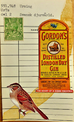 Plato Socrates bird sparrow vintage Gordon's Gin label British postage stamp library card Fluxus Dada mail art collage