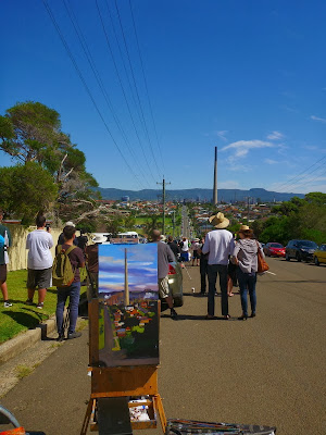 plein air painting of the Port Kembla Copper Stack by industrial heritage artist Jane Bennett