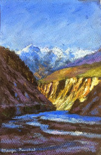 Soft pastel painting of a view on the way from Tabo to Dhankar Monastery, By Manju Panchal