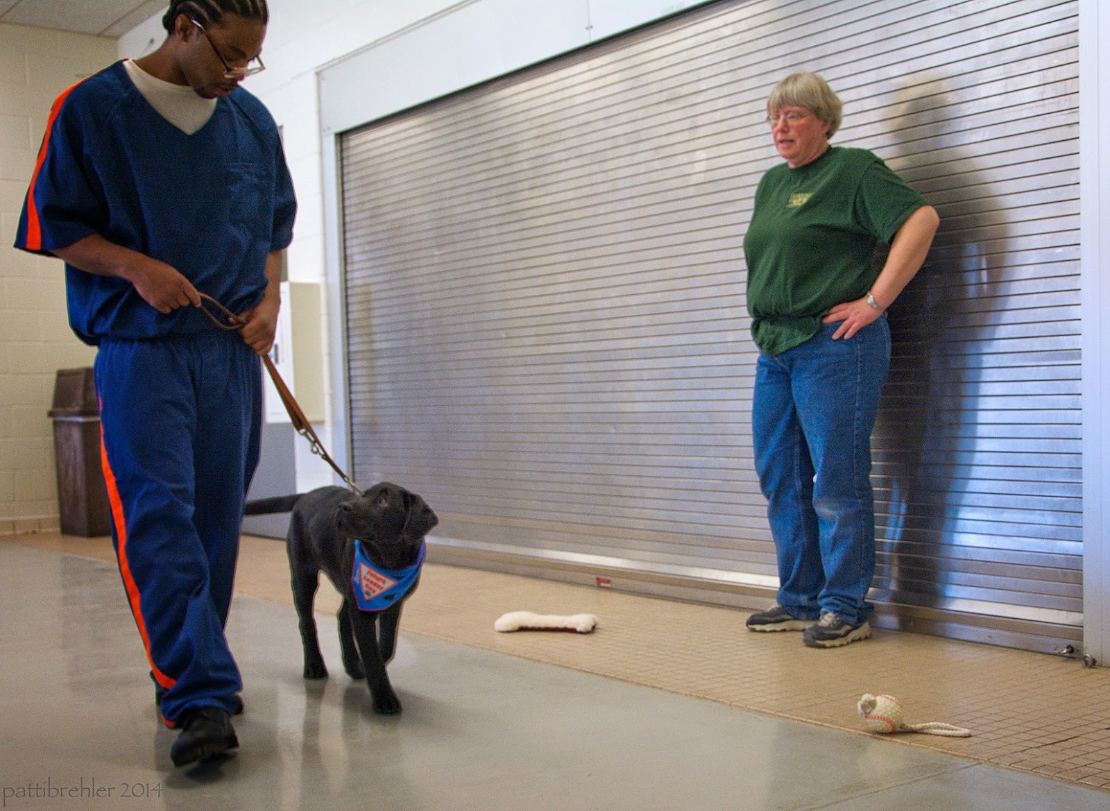 This time an african american man dressed in the blue prison uniform is walking toward the camera holding the leash of a small black lab puppy. The puppy is wearing the blue Future Leader Dog bandana and is keeping a loose leash, looking up at the man, who is looking down at the puppy. The woman is still standing against the metal wall with her hands on her hips.