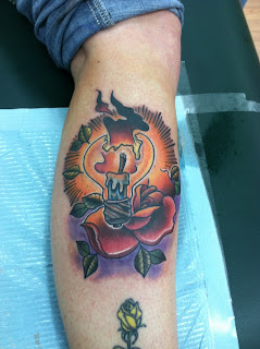 color custom lightbulb candle and rose tattoo by david meek tattoos fast lane Tattoo Tucson Arizona
