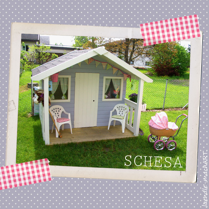 Gartenhaus, Kinderspielhaus, Spielhaus, DIY, selber machen, Tutorial, Dekoration, Garten, Spielhaus dekorieren, Holz, Kinderküche, Bank selber bauen, Spielhaus einrichten, Einrichtung, gestalten, Vorhänge nähen, Polster nähen, Wimpelkette nähen, Kindgerechter Garten, Mädchen