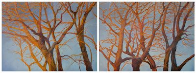 Reaching Through by Katherine Kean oil on linen diptych trees branches birds