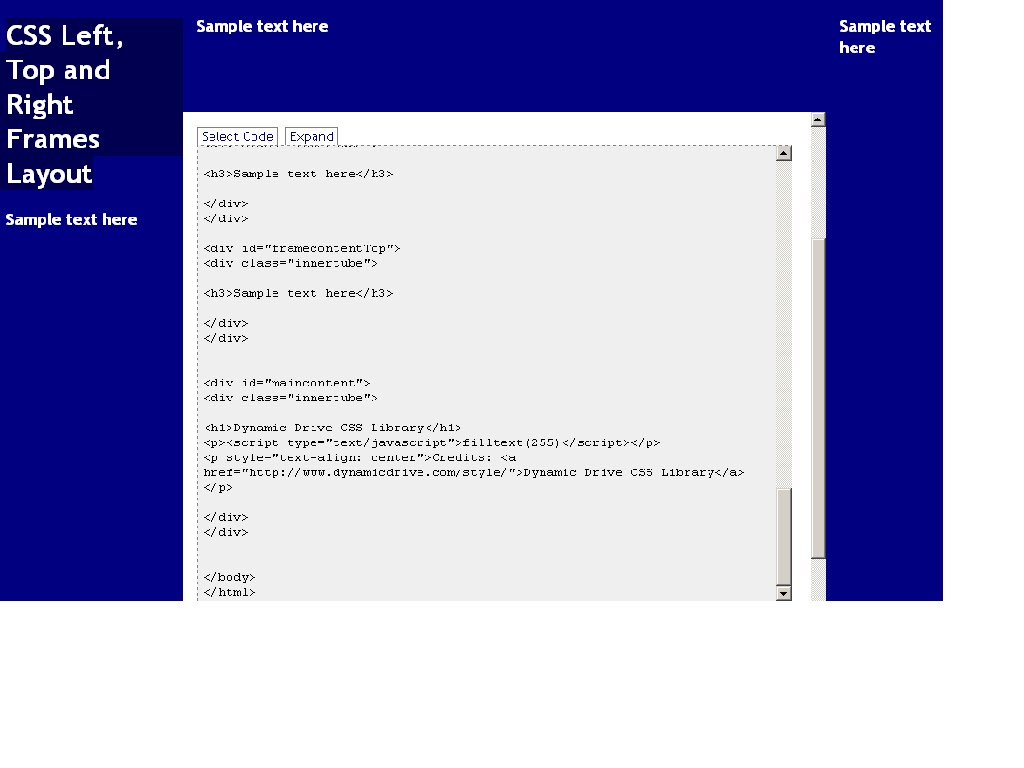 Raj Tutorial CSS Left, Top and Right Frames Layout