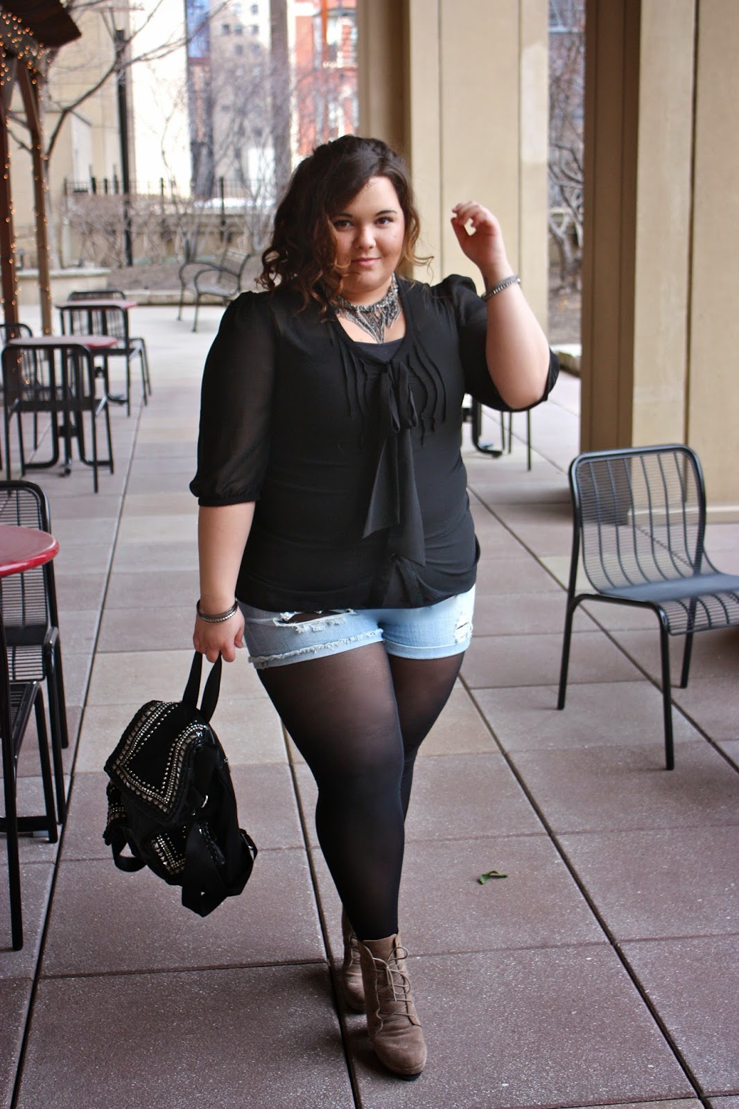 ecote boots, urban outfitters, chiffon blouse, chain necklace, blonde, curly hair, ombre, pony tail, ankle boots, studded backpack, shorts, plus size fashion blogger, natalie craig, natalie in the city, chicago blogger network, chicago fashion