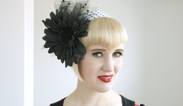 Black flower fascinator from Pearls and Swine hat, fascinator, headband, flower