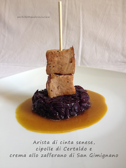 Arista di cinta senese alla Vernaccia, cipolle di Certaldo e crema allo zafferano di San Gimignano - Expo 2015