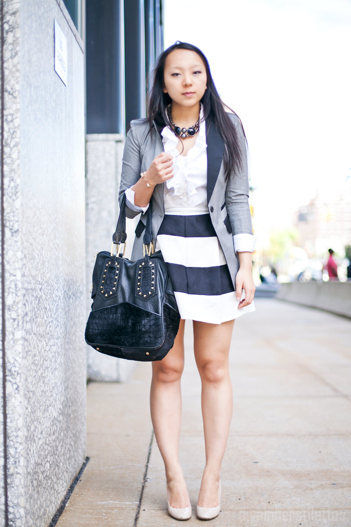 ann taylor ruffled button up blouse, lulu's striped skirt, sheinside grey and black blazer, diya liu, new york, brooklyn, fashion blog