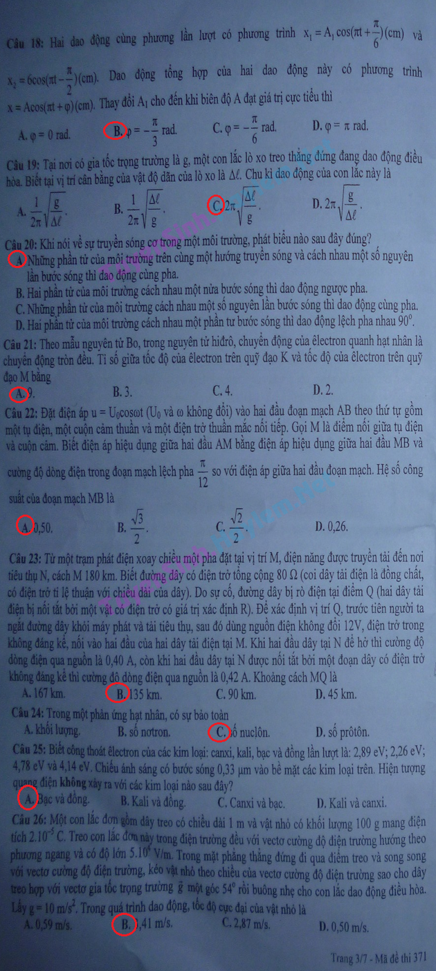 xem de dap an de thi vat ly khoi A nam 2012 ma de 371 xem dap an de thi vat ly khoi A nam 2012 ma de 371