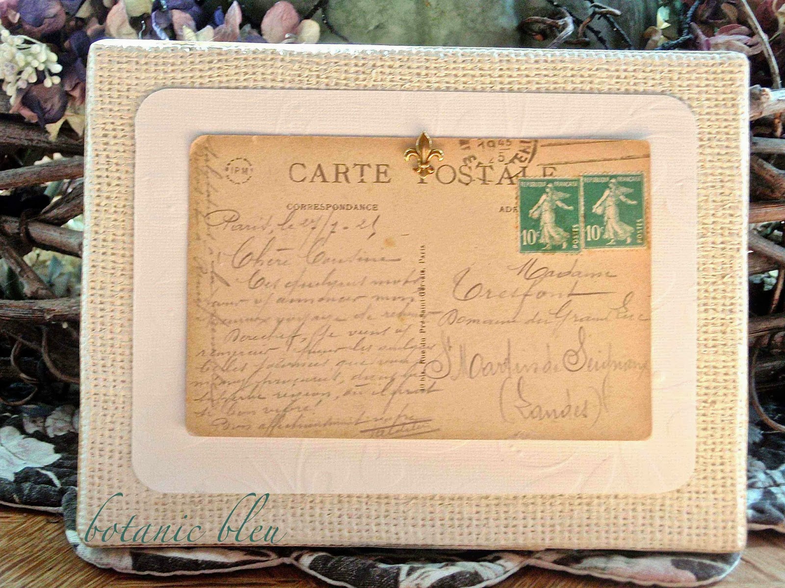 Botanic Bleu Burlap Canvas Paris Postcard