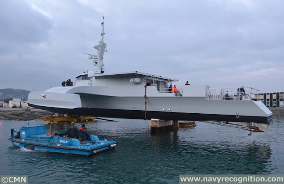 The first OCEAN EAGLE 43 Trimanran Patrol Vessel for the Navy of Mozambique has just been launched in the water at the CMN Shipyard in Cherbourg (Normandie) France OCEAN EAGLE 43