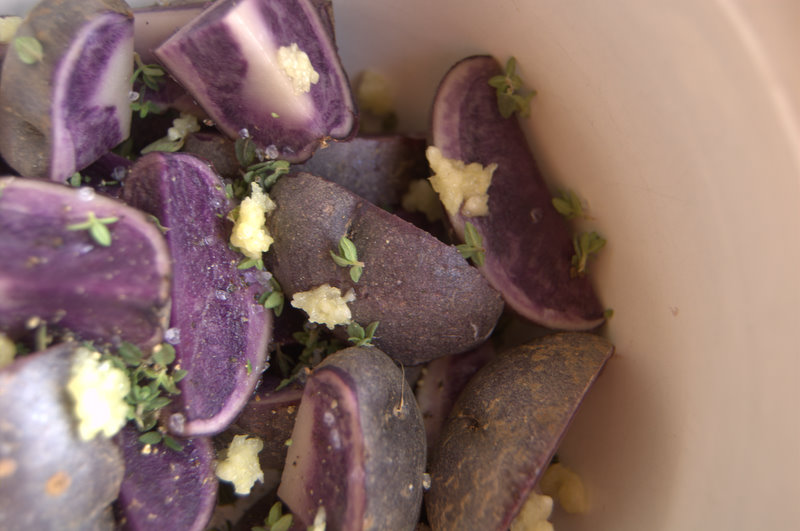 365 Days of Baking and More Day 205 Roasted Thyme Blue Potatoes