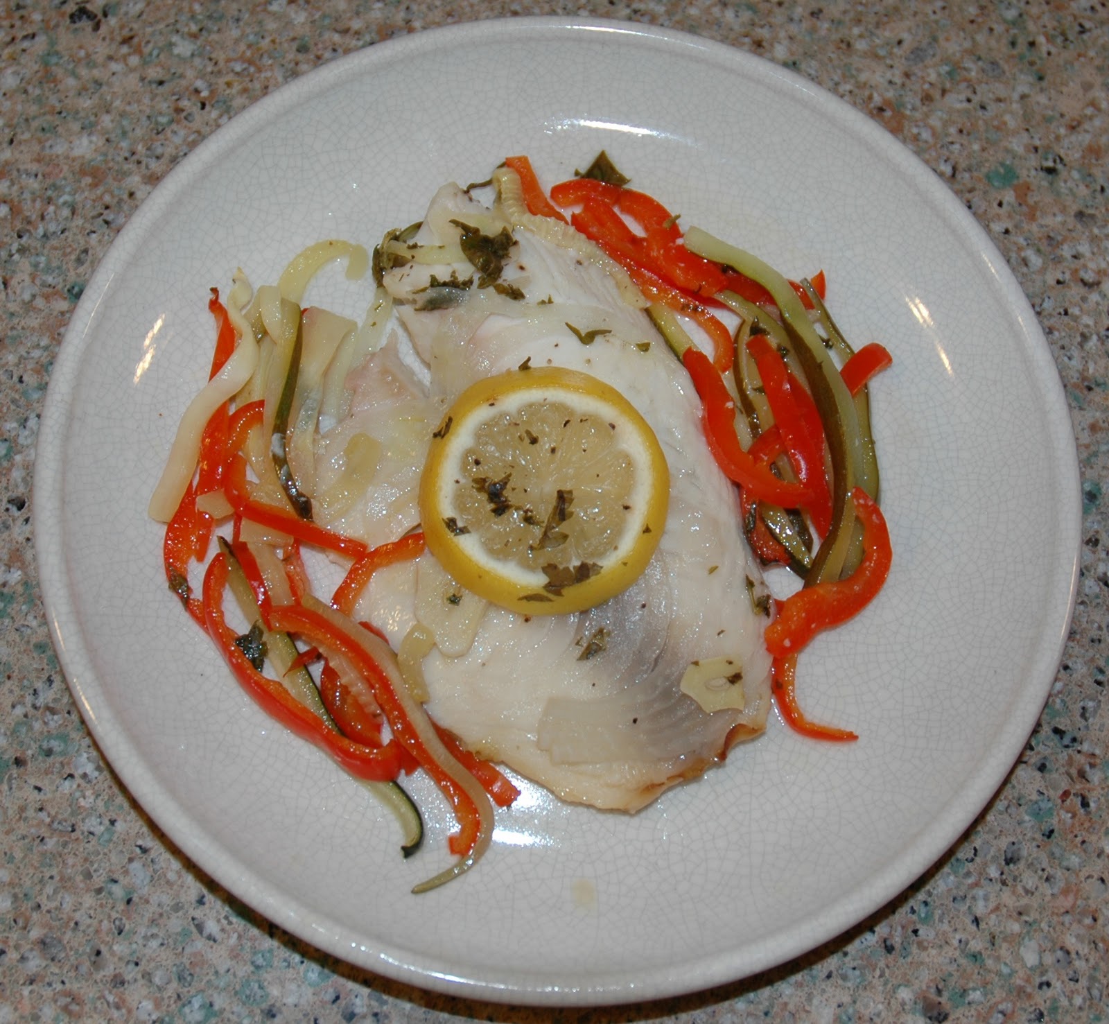 DeLish DeMaria Lemon & Garlic Tilapia with Zucchini & Pepper "en