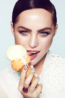woman licking ice cream, nails with ice cream sprinkles, model eating junk food