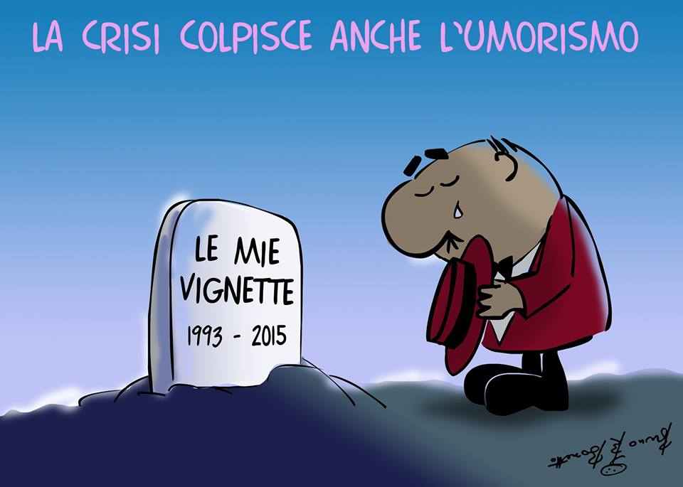 Una vignetta di Bozzetto: la crisi colpisce anche l'umorismo. Il suo personaggio piange sulla tomba de "le mie vignette"