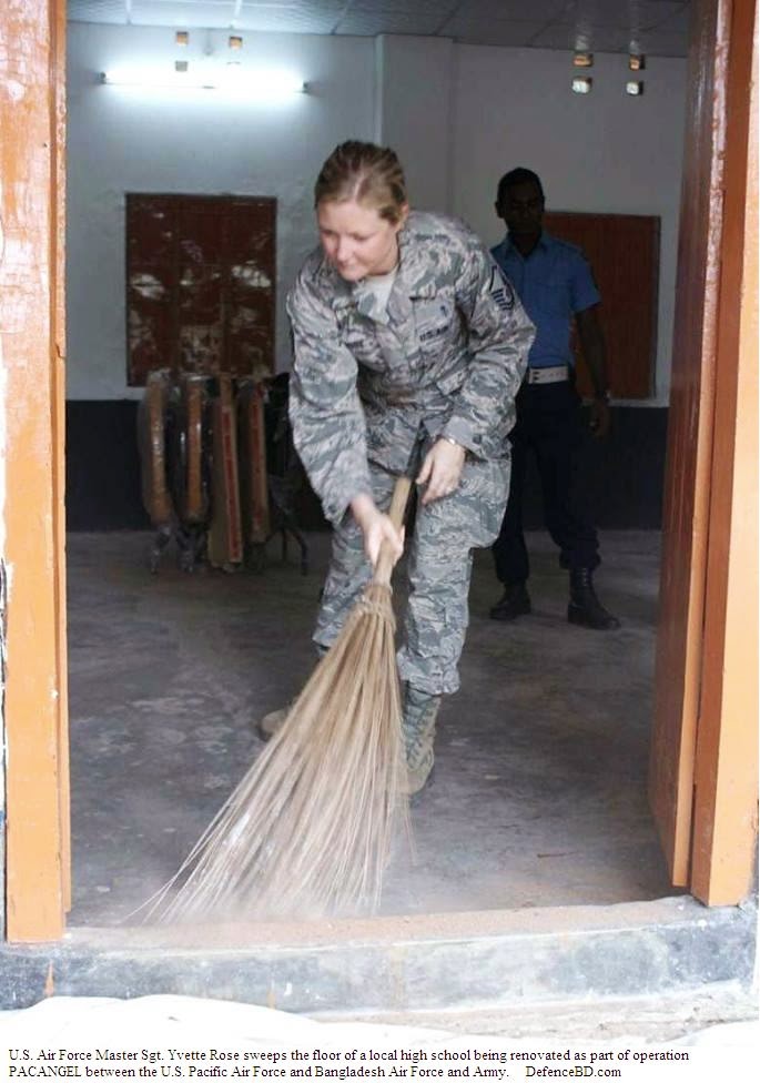 U.S. Air Force Master Sgt. Yvette Rose sweeps the floor of a local high school being renovated as part of operation PACANGEL between the U.S. Pacific Air Force and Bangladesh Air Force and Army. U.S. Air Force Master Sgt. Yvette Rose sweeps the floor of a local high school being renovated as part of operation PACANGEL between the U.S. Pacific Air Force and Bangladesh Air Force and Army.