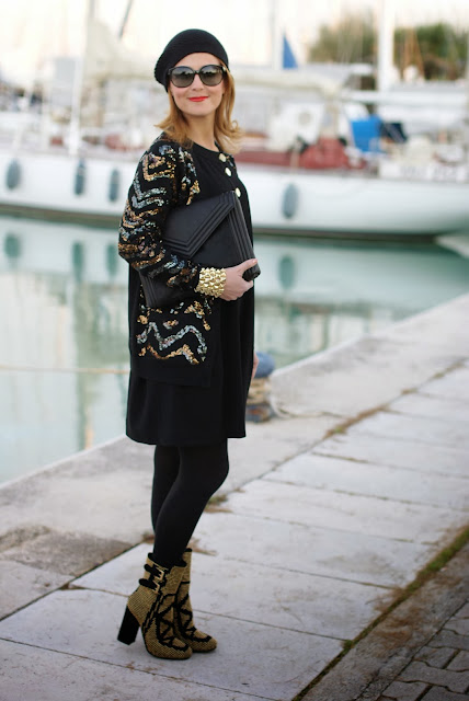 Black and golden sequin outfit, Asos golden bracelet, Marc by Marc Jacobs Hobbes cardigan, Fashion and Cookies, fashion blogger