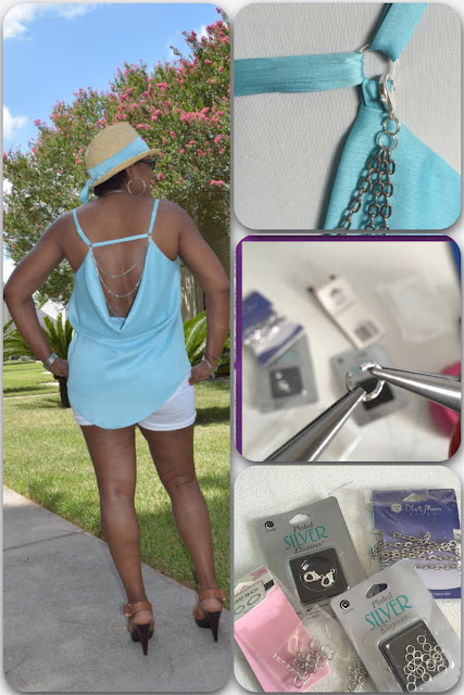 Aqua Drape back blouse/halter top by sewtofit.com Simplicity 1424 with jewelry making notes