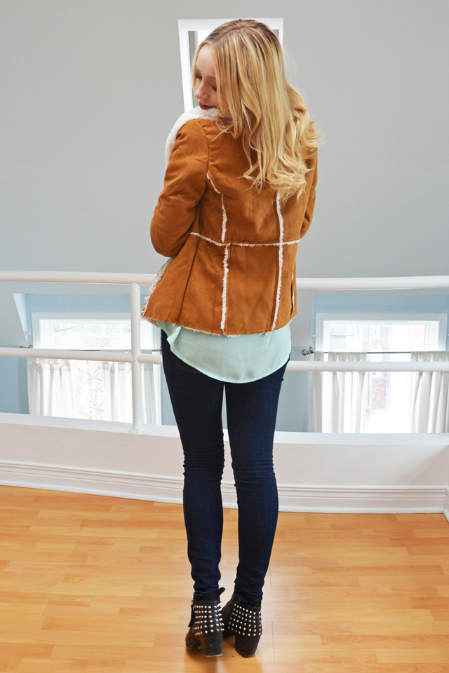 shearling drape coat from us trendy gap jeggings aldo studded ankle boots casual weekend outfit