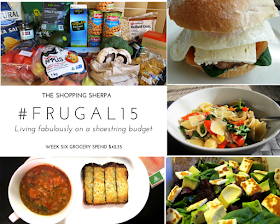 Mosaic of images showing a selection of groceries and four meals. The meals are a breakfast burger, pasta with tuna and vegetables, salad of haloumi with beetroot, avocado and spinach and tomato soup with cheese on toast.