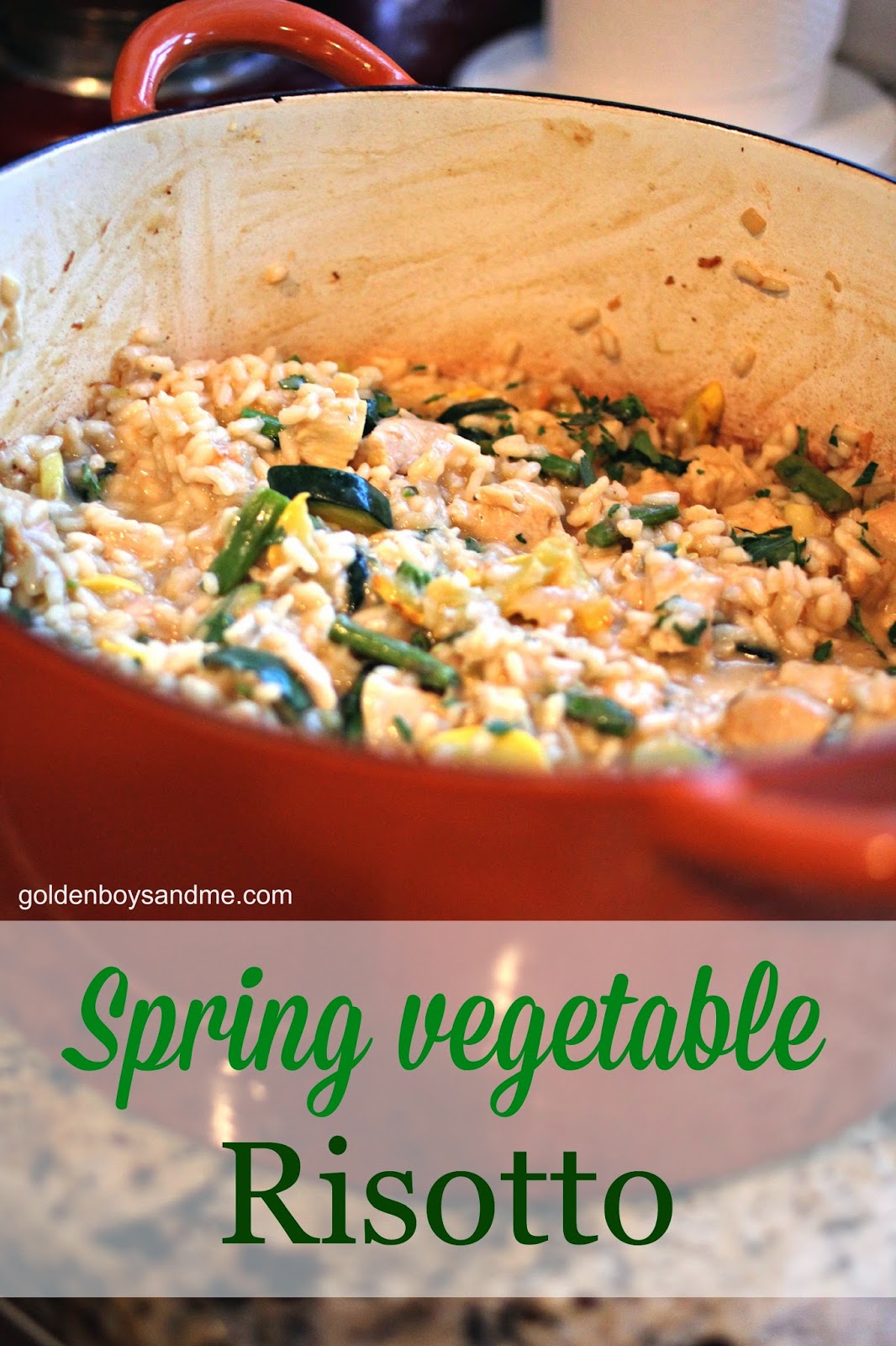 Spring vegetable risotto with chicken recipe-www.goldenboysandme.com