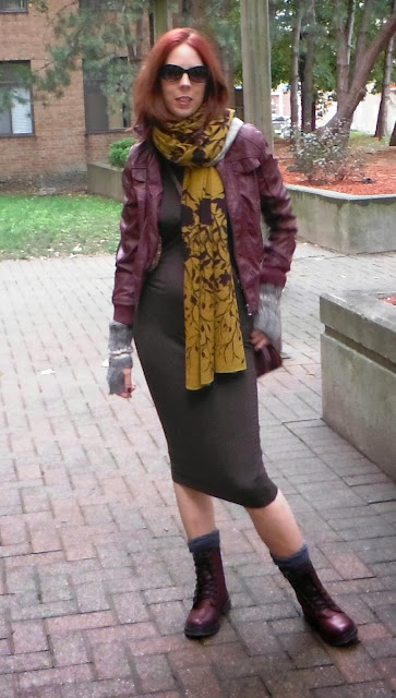 fashion outfit burgundy leather bomber jacket from Marshalls, H and M tank dress, Guess purse, boots from Urban planet, bright green scarf, hand knitted arm warmers, styled by melanie.p.s for the purple scarf.