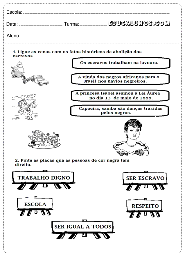 Ligue as cenas com os fatos históricos da abolição dos escravos