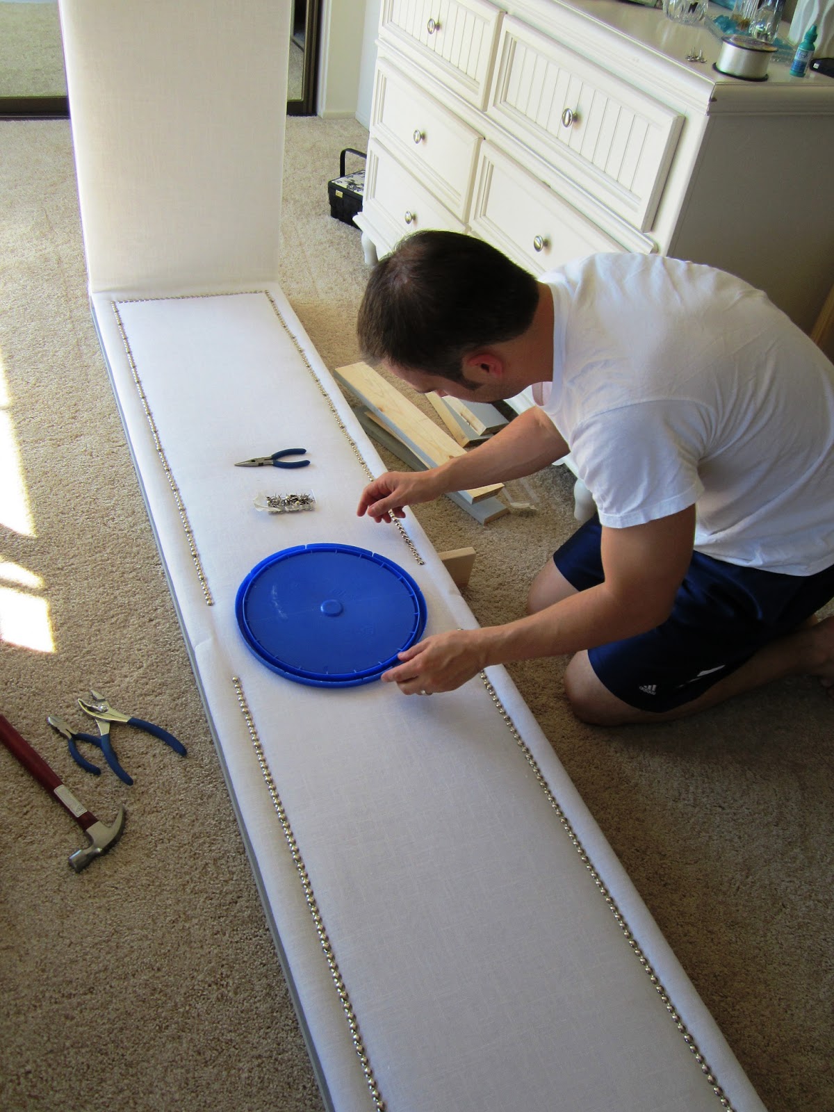 DIY Dithering Silver Nailhead Trim on White Linen Cornices