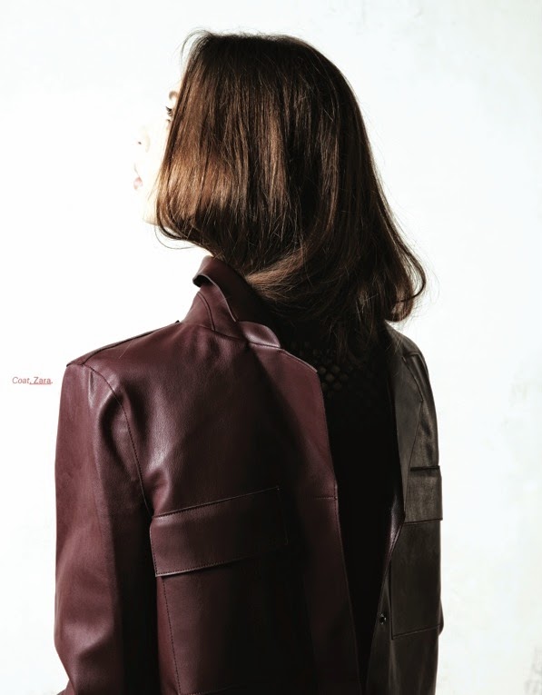 Nylon Indonesia October 2014, Valya Klimkova Zara 2014 AW Burgundy Faux Leather Long Coat Editorial